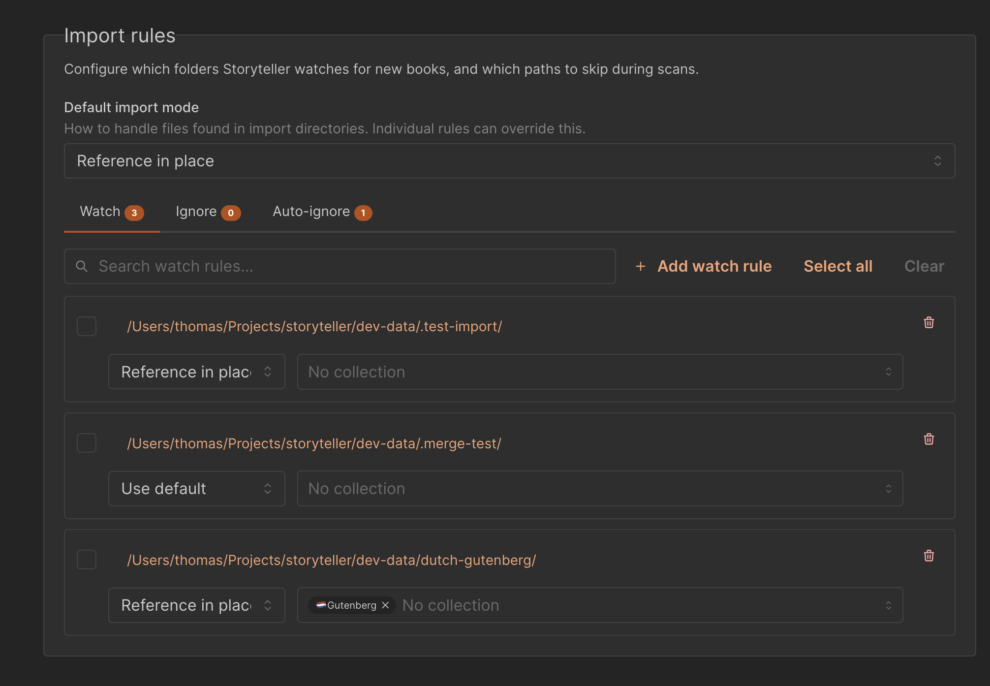A screenshot of the auto import settings page, showing the three tabs: watch, ignore, and auto-ignore, and a button for selecting the default import mode, which is set to "reference in place" by default