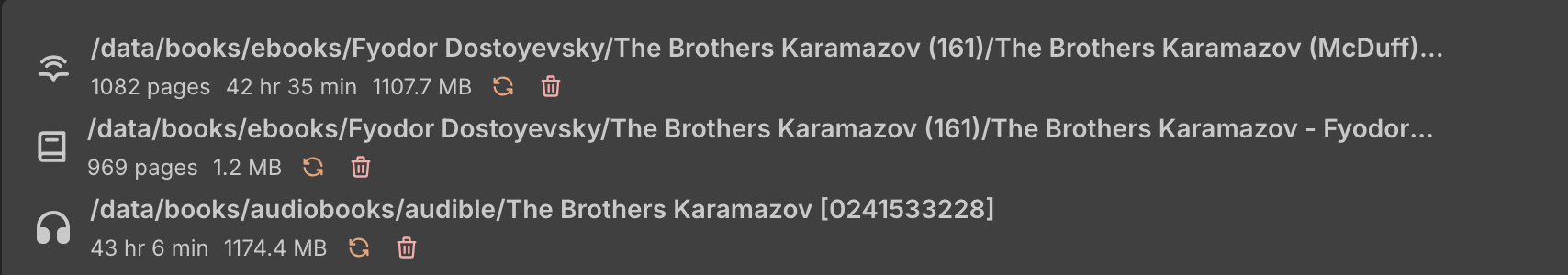 An image showing three rows of data, one for each of the three formats supported by Storyteller: audiobook, ebook, and readaloud. They now show the number of pages, duration, and file size.