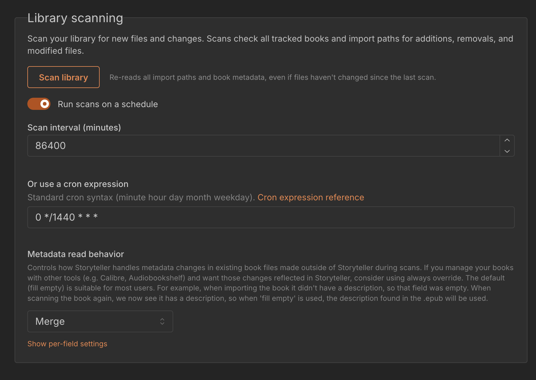 The new library scanning settings section, with a big button to trigger a scan of your library, and the ability to schedule scans to run automatically