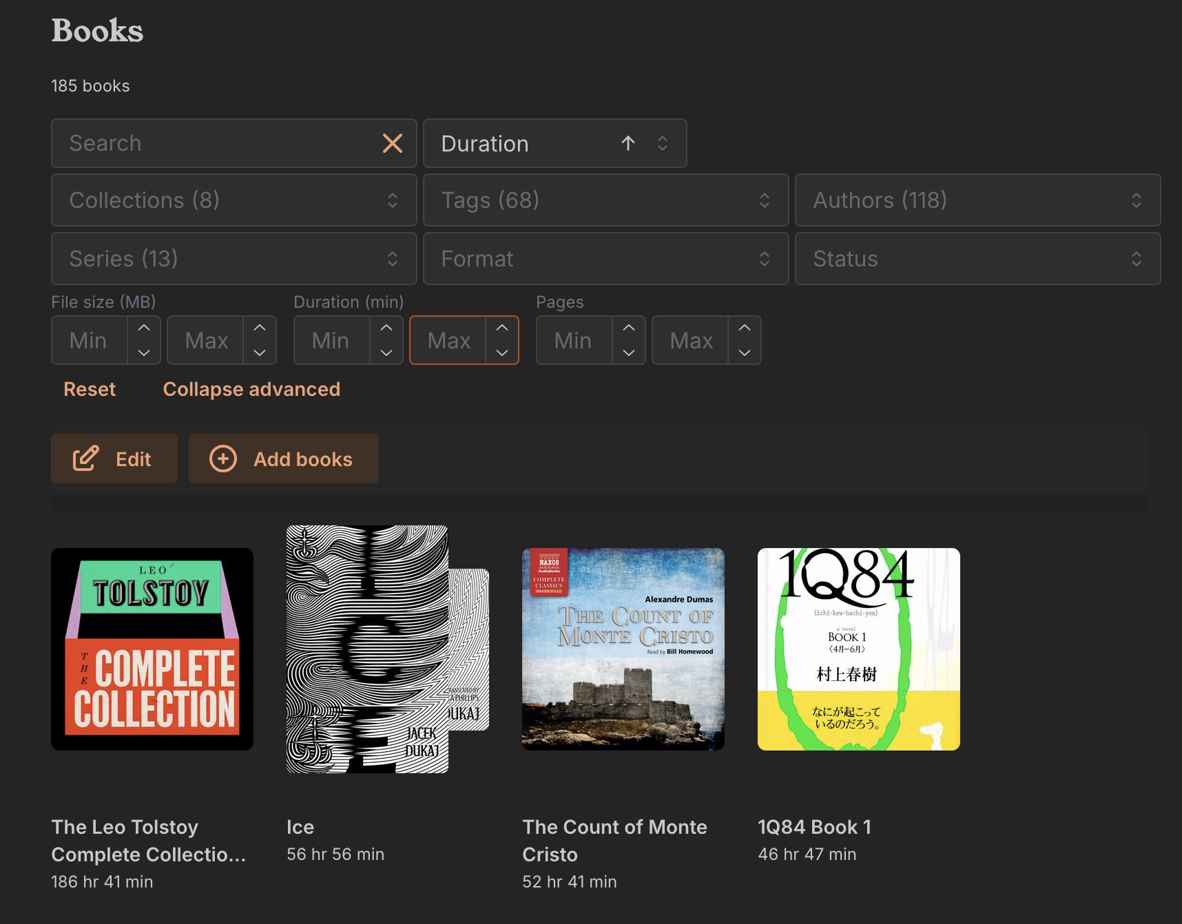 An image showing a library view of books sorted by duration, showing the longest books (The Leo Tolstoy Complete Collection at 186 hours) at the top