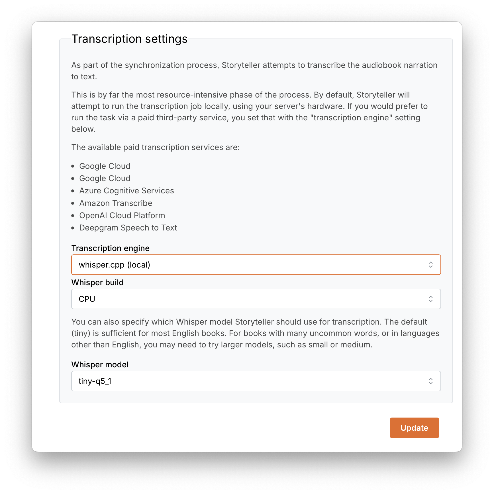 image of transcription settings